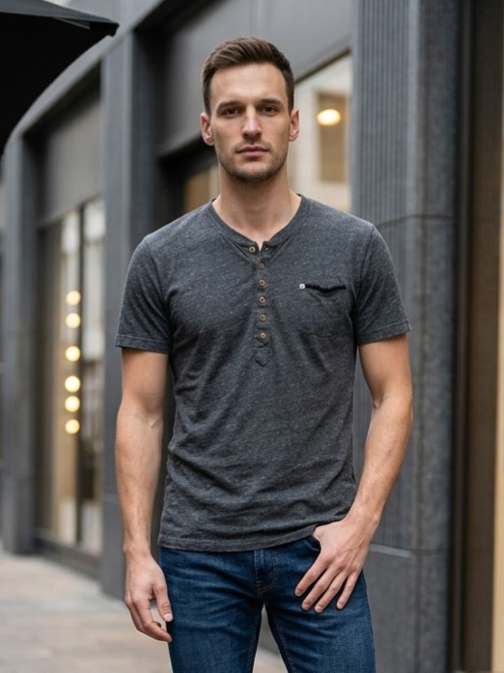 Diesel Henley Heathered Gray Shortsleeve T-shirt Six-Button Placket M